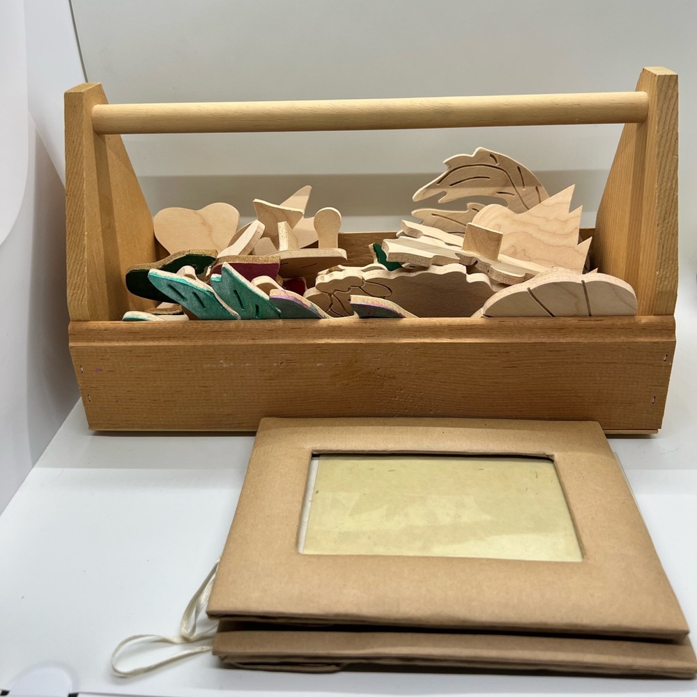 Wooden Craft Organizer/caddy with Handle & lots of wood shapes